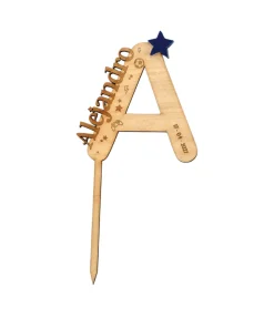 Cake Topper Inicial Nombre Madera y Azul Personalizado
